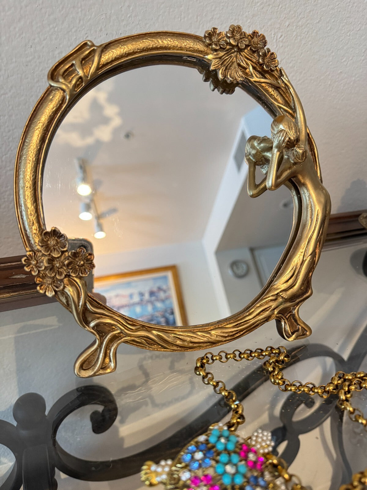 Vintage Art Nouveau Style Resin Vanity Mirror Woman & Floral Motif 9” Gold