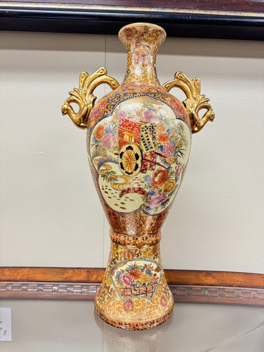 Large 24” Japanese Satsuma Vase Hand Painted Gold Moriage Kyoto Marked