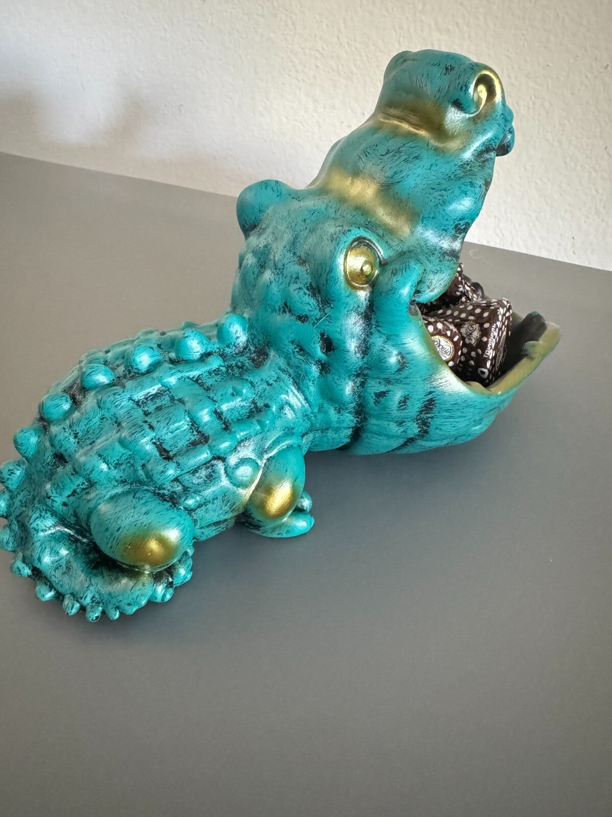 Turquoise and Gold Crocodile Storage Bowl - Unique Candy Dish or Key Holder