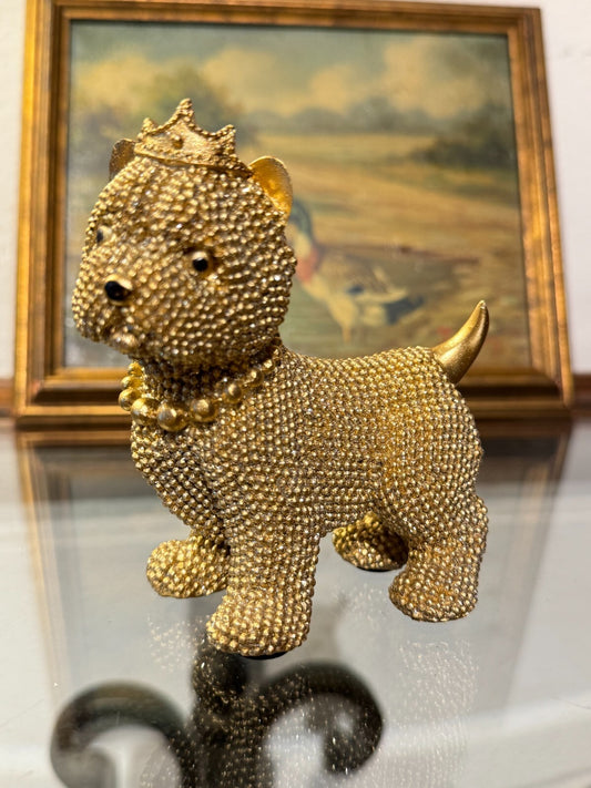 Luxury Rhinestone Dog Figurine with Crown & Necklace – Sparkling Resin Decor