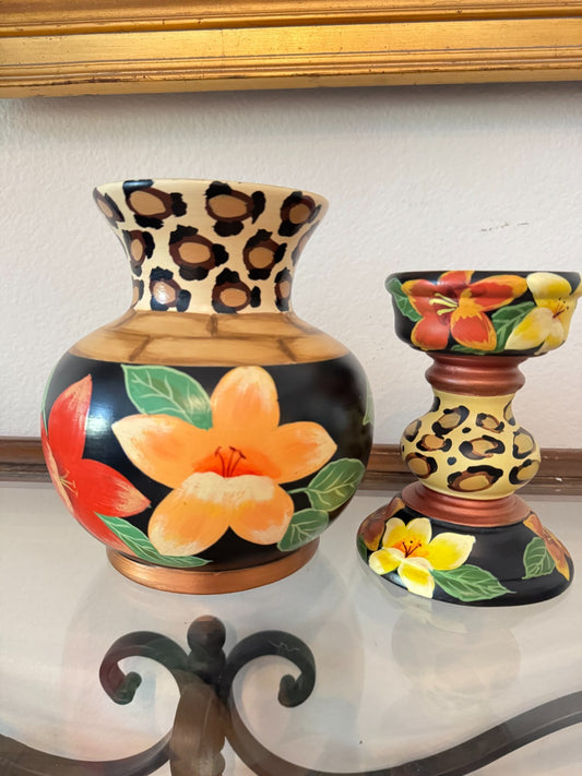 Anita Rosenberg Hand-Painted Ceramic Vase & Candle Holder Set – Leopard Floral