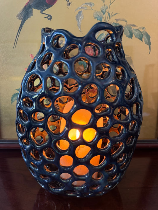 Iridescent Blue Ceramic Openwork Candle Holder Vase – 10” Modern Art Decor