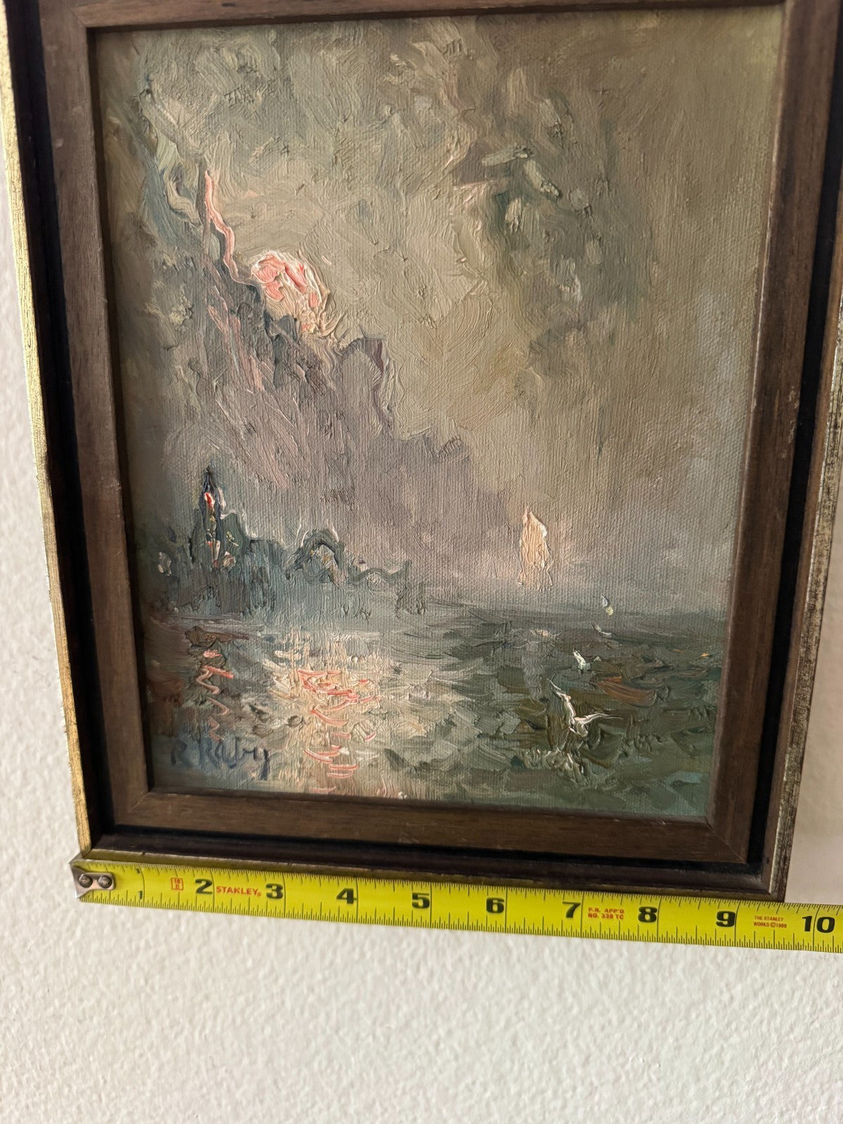 Original Impressionist Oil Painting by R. Riley – Framed Seascape Sunset 11”x10