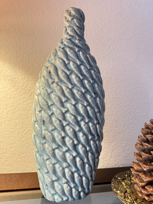 Blue Ceramic Textured Vase Fish Scale PatternCoastal Nautical Home 14x5 inches.