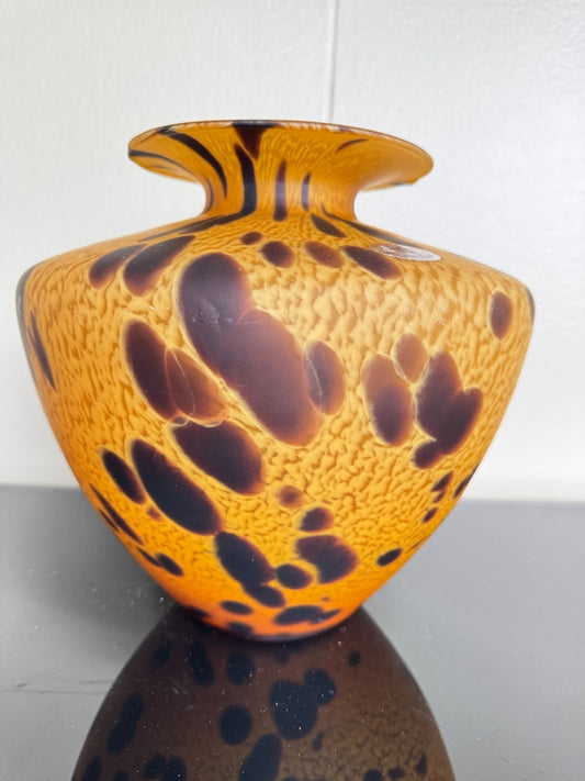 Handblown Art Glass Vase Amber Brown Tortoiseshell Pattern – 8.5” Tall