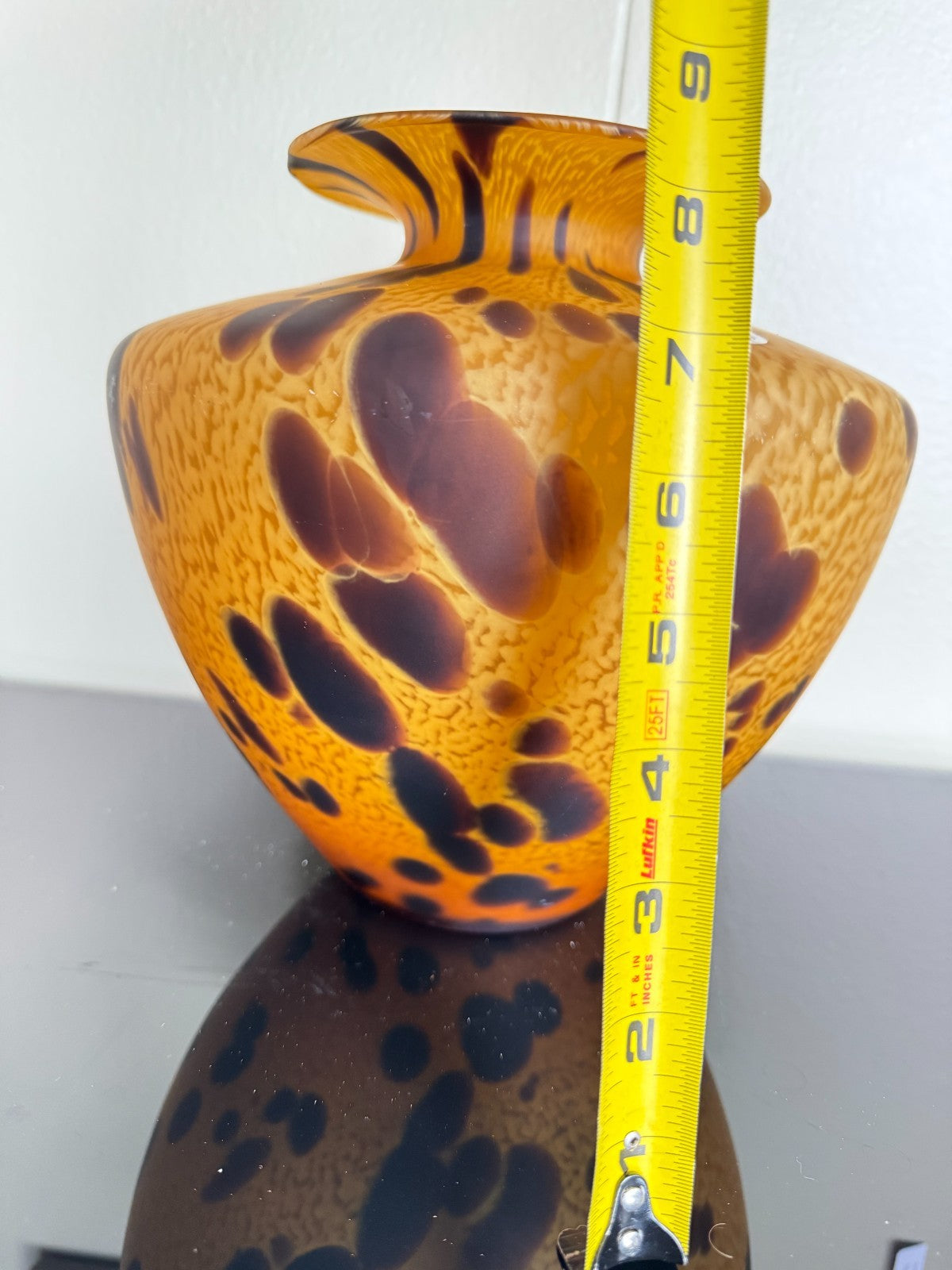 Handblown Art Glass Vase Amber Brown Tortoiseshell Pattern – 8.5” Tall