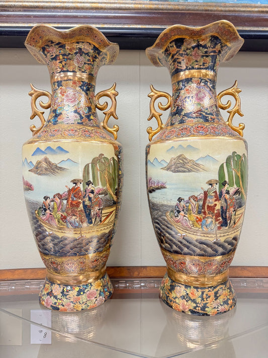 Pair Large 24” Japanese Satsuma Vases Hand Painted Gold Moriage Geisha Scene
