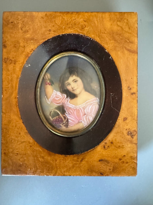 Pair of Antiques Hand-Painted Miniature Portraits – Signed Rico – Burl 6.5x5.5