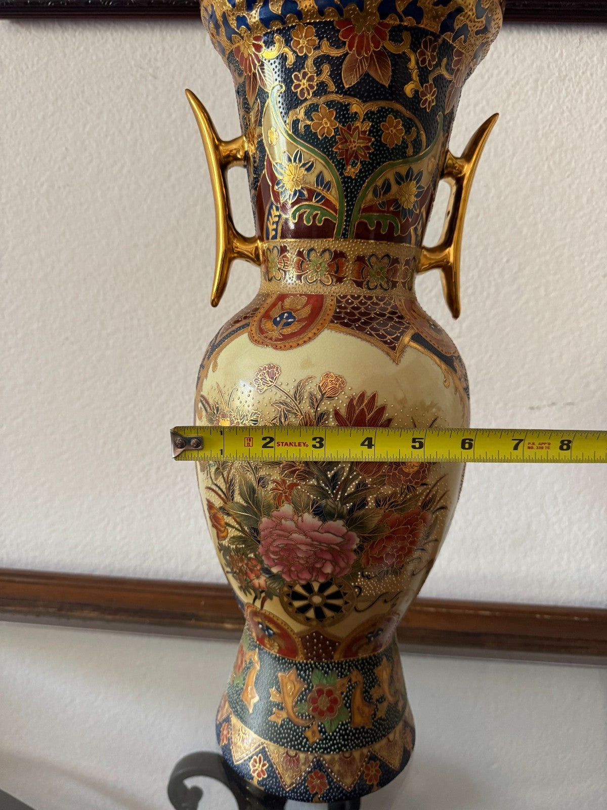 Vintage Satsuma Style Hand-Painted Ceramic Vase – 18” Floral & Gold with Gilded