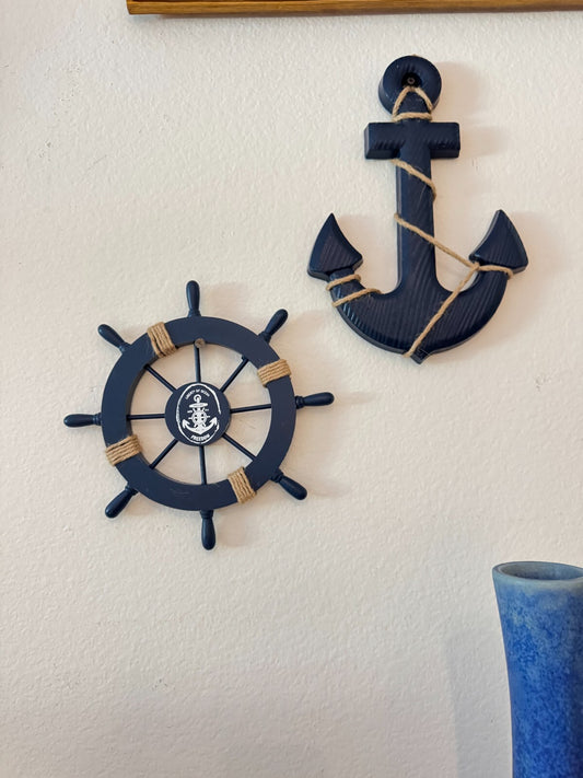 2pcs Nautical Beach Wooden Anchor & Rudder Set - Dark Blue, With Rope