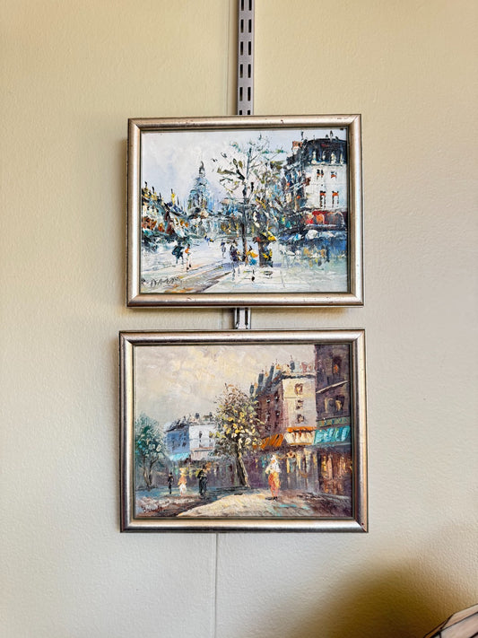 Pair of Paris Street Oil Paintings by D. Paul & Burnett Mid-20th 11”x9”