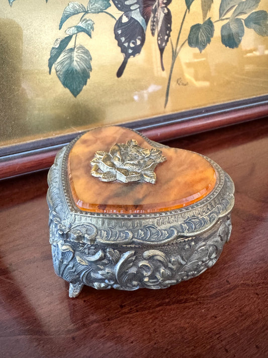 Vintage Heart-Shaped Musical Jewelry Box – Ornate Floral Metal with Amber-Look