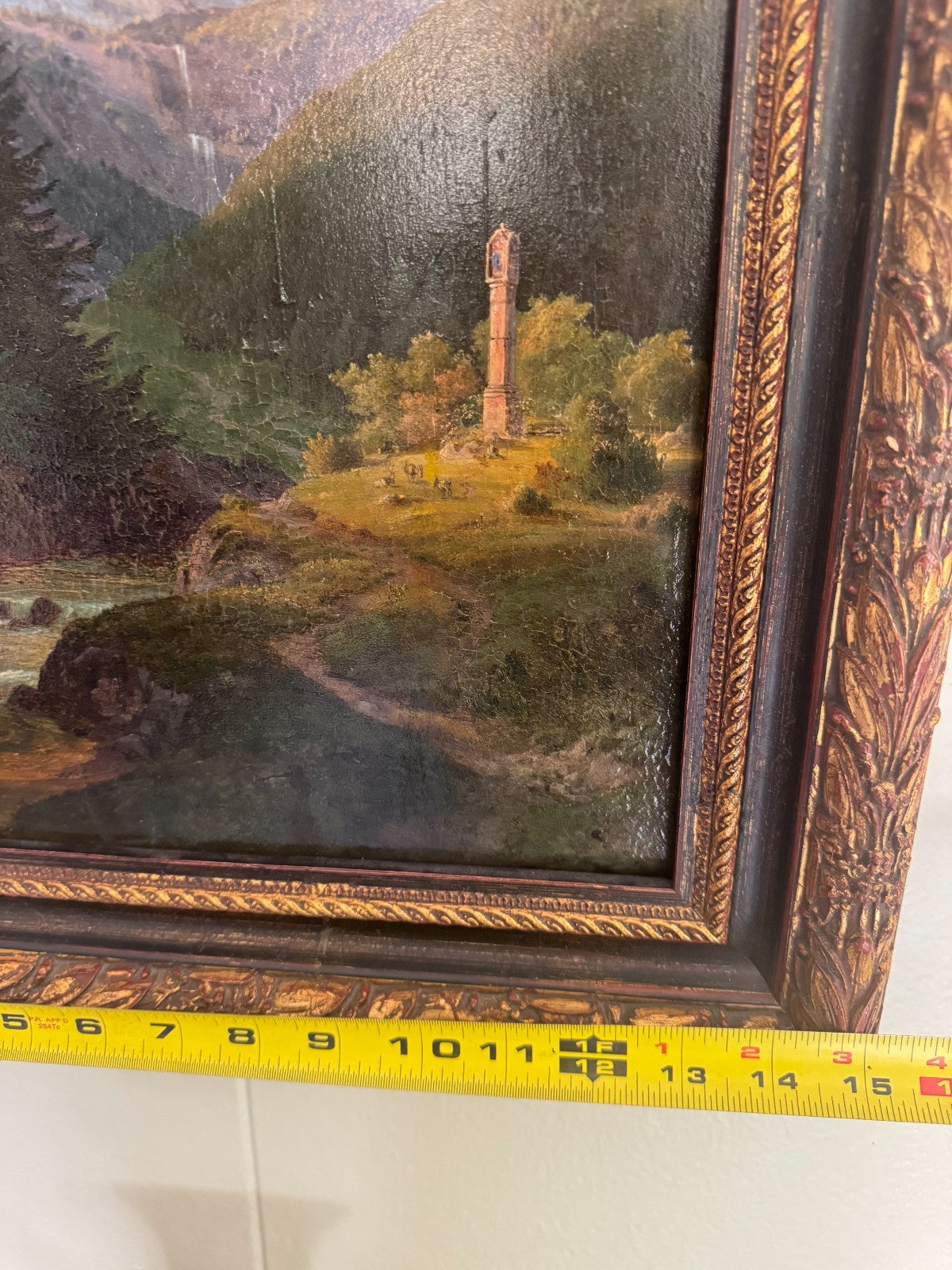 Antique Framed Oil Painting Mountain Landscape with Ruins – Signed, 19th Century