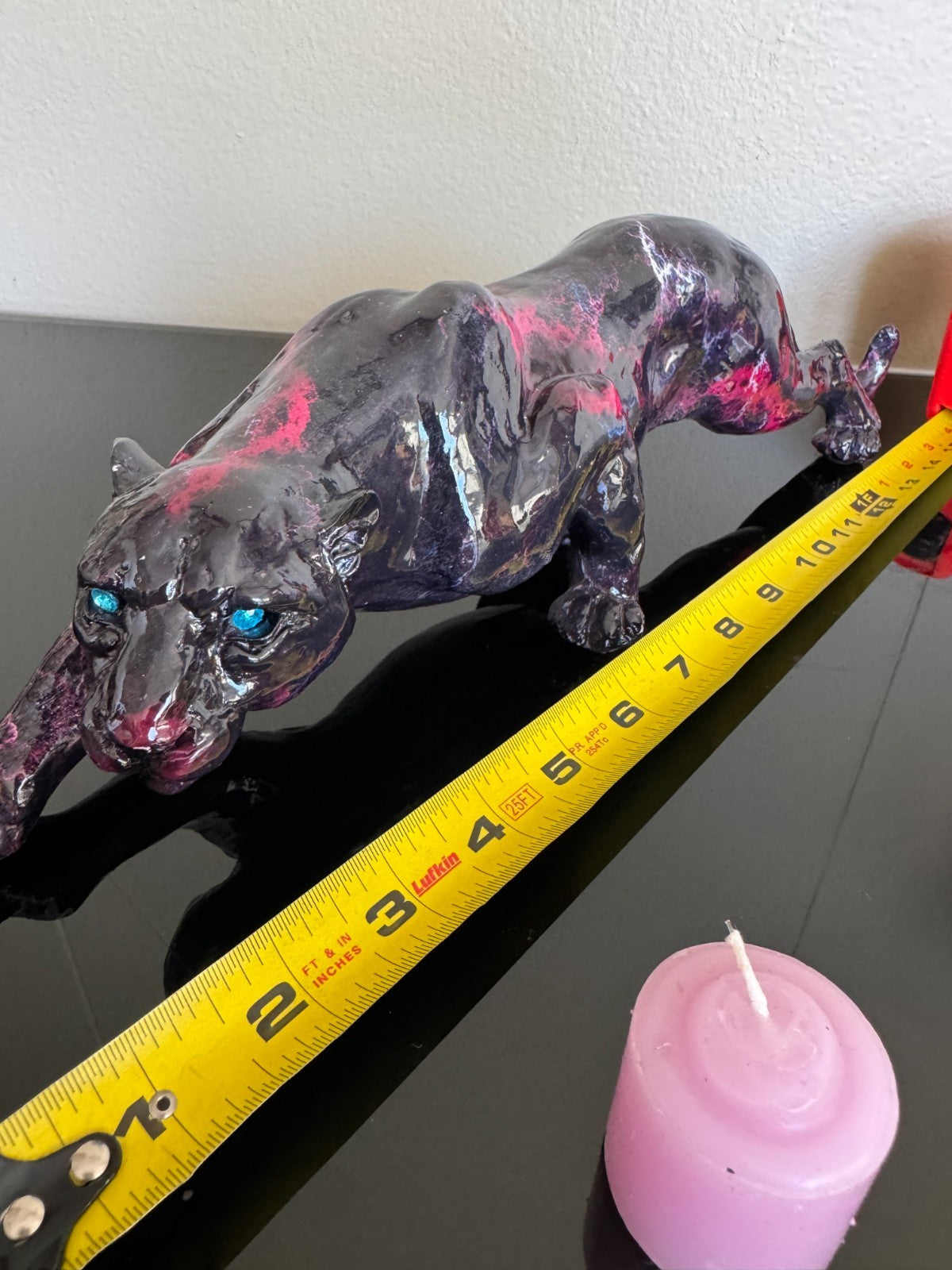 Resin Panther Figurine Black - Pink With Blue Eyes – 15” Long