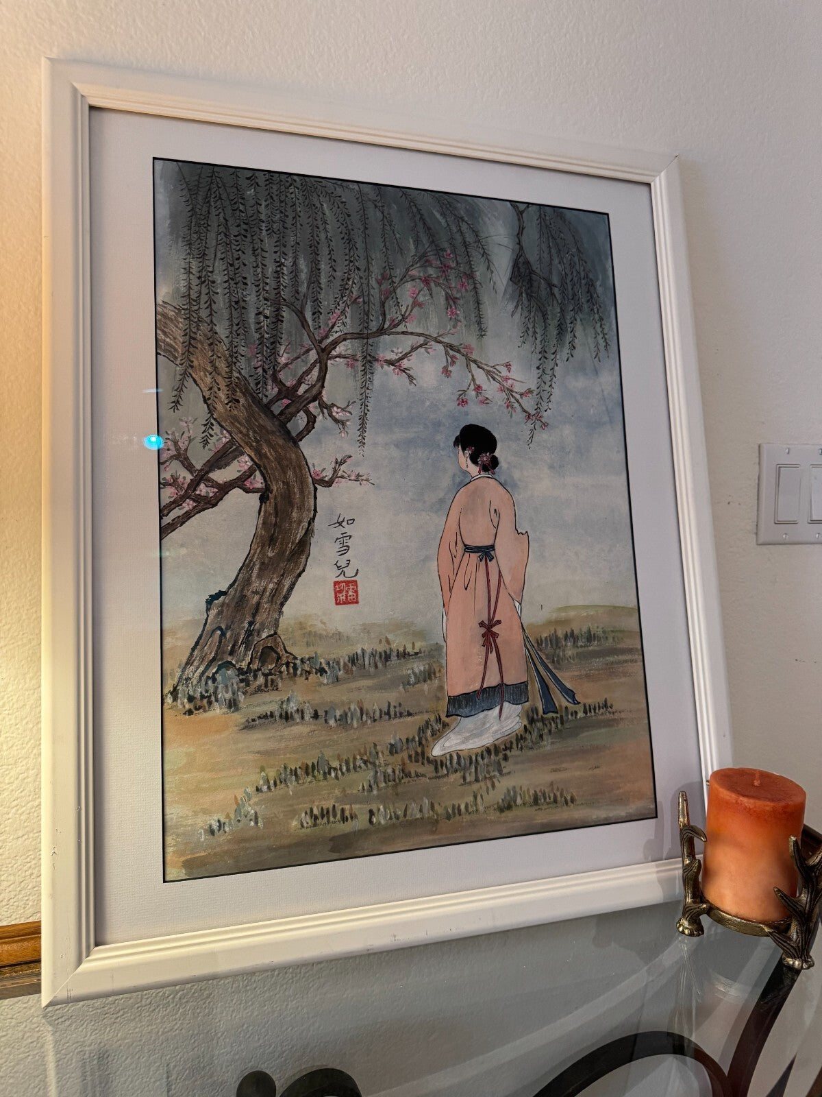 Framed Chinese Watercolor Painting – Elegant Woman Under Willow Tree, Signed,