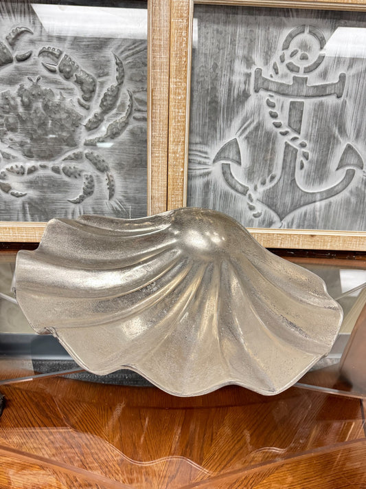 Large Silver Aluminum Clam Shell Bowl Decorative Centerpiece – 18”x14” Coastal S