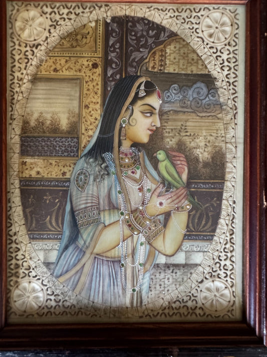Antique Indian Miniature Painting Princess With Parrot- Mughal style -9''x6''