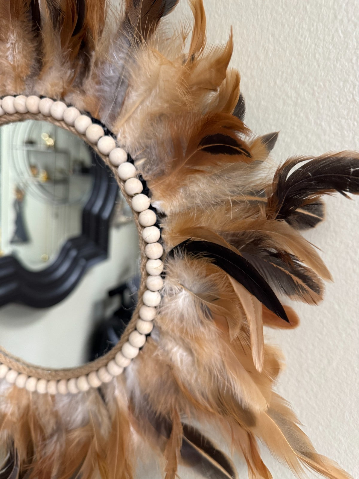Boho Feather Sunburst Wall Mirror with Wood Beads – 15” Brand New
