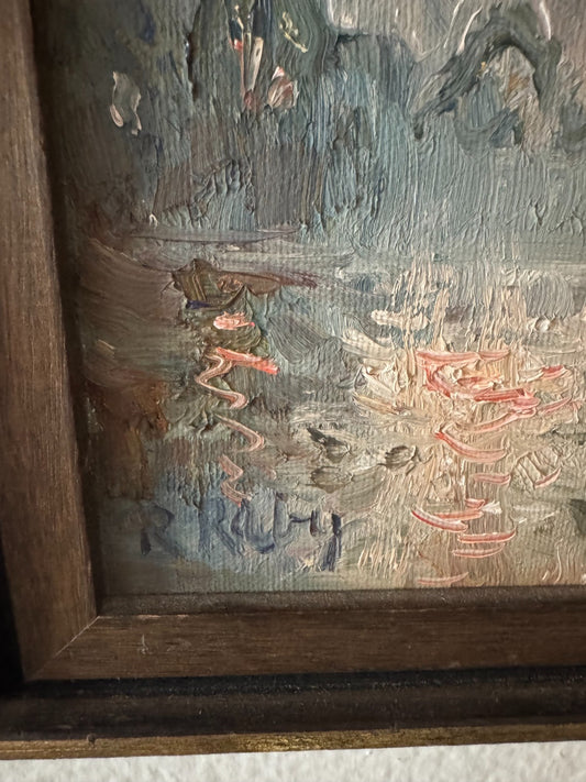 Original Impressionist Oil Painting by R. Riley – Framed Seascape Sunset 11”x10