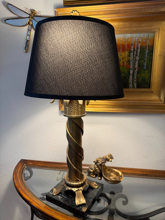Large Vintage Heavybronz Table Lamp Black Shade Ornate Spiral Design Marble Base