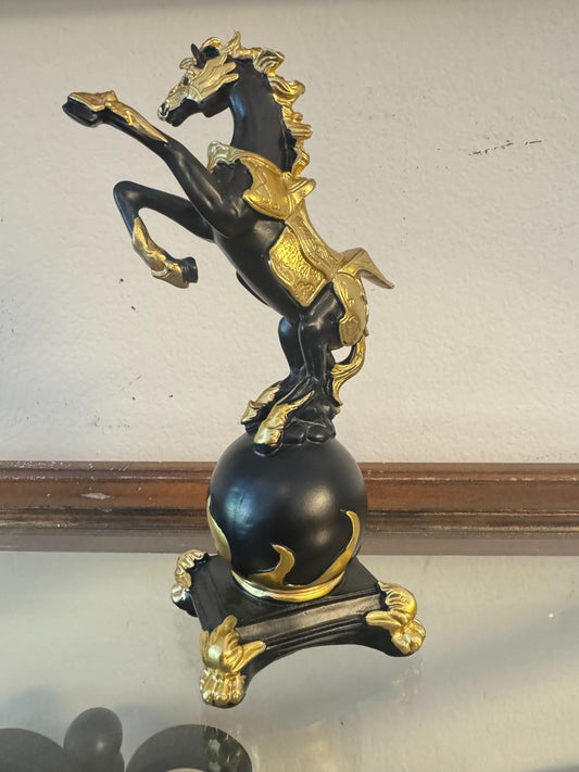 Elegant Black & Gold Rearing Horse Resin Figurine on Globe – 8.5” Tall Decorativ