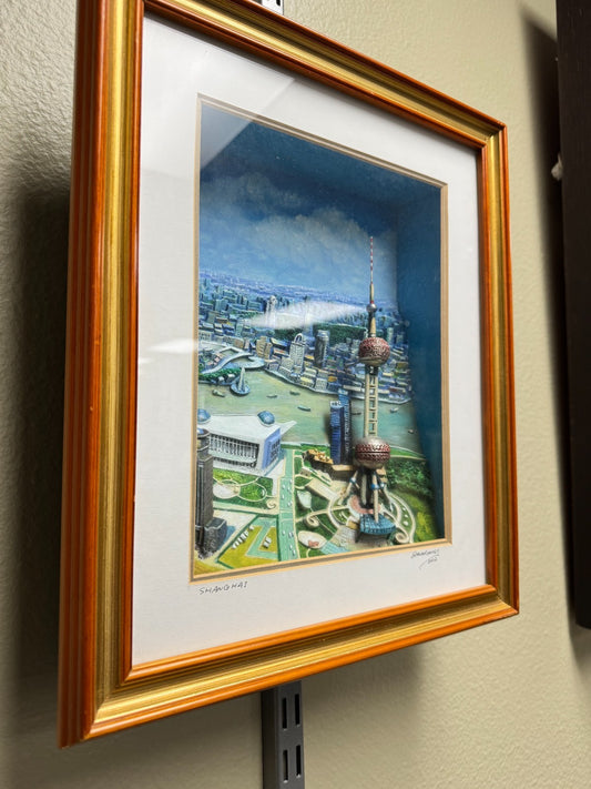 Shanghai Skyline 3D Relief Artwork Oriental Pearl Tower Signed David Amos 2002