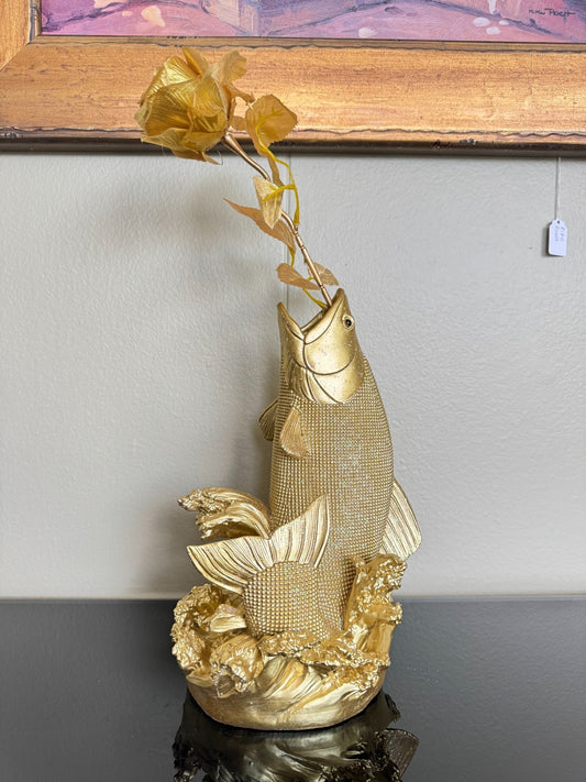 Gold Resin Fish Vase Sculpture – 10” Decorative Art Piece – Nautical Ocean Brand