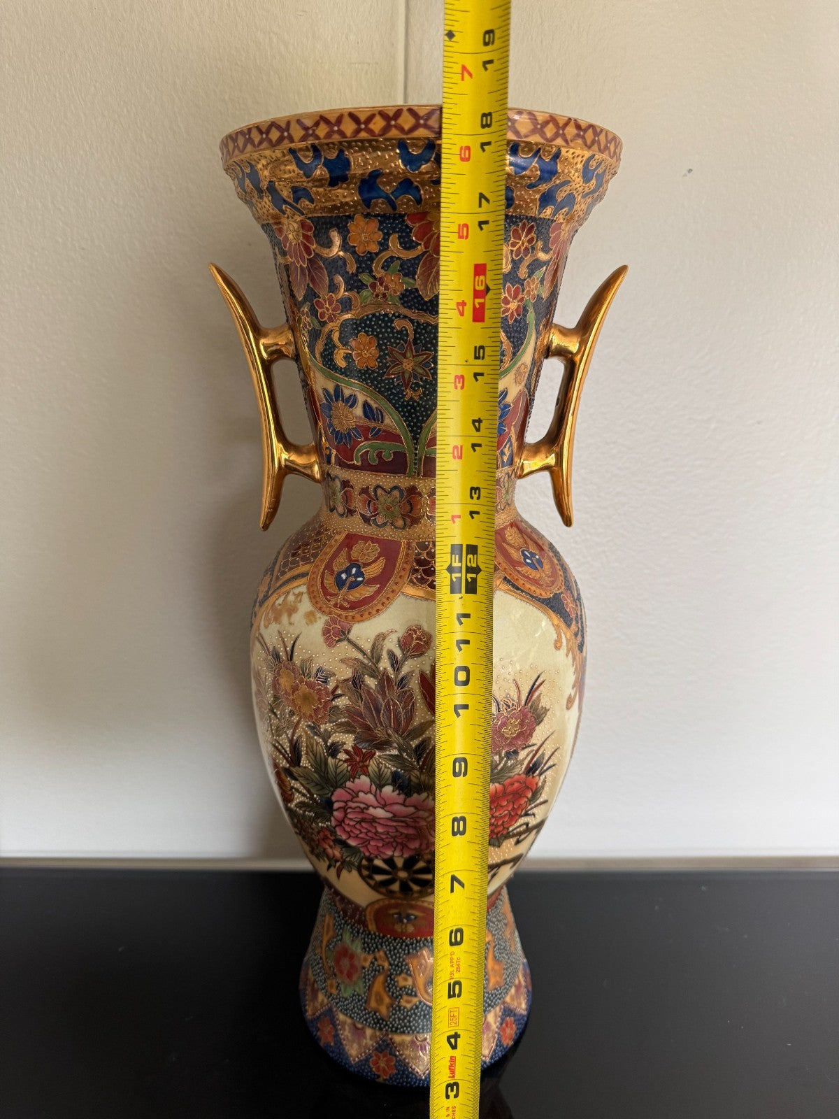 Vintage Japanese Satsuma Style Vase – Hand-Painted Floral & Gold Gilded Handles