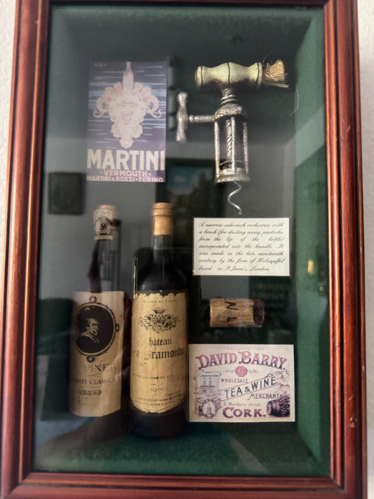 Vintage Wine Shadow Box Diorama – Corkscrew, Bottles, Martini Poster, 12.5”x8.5”