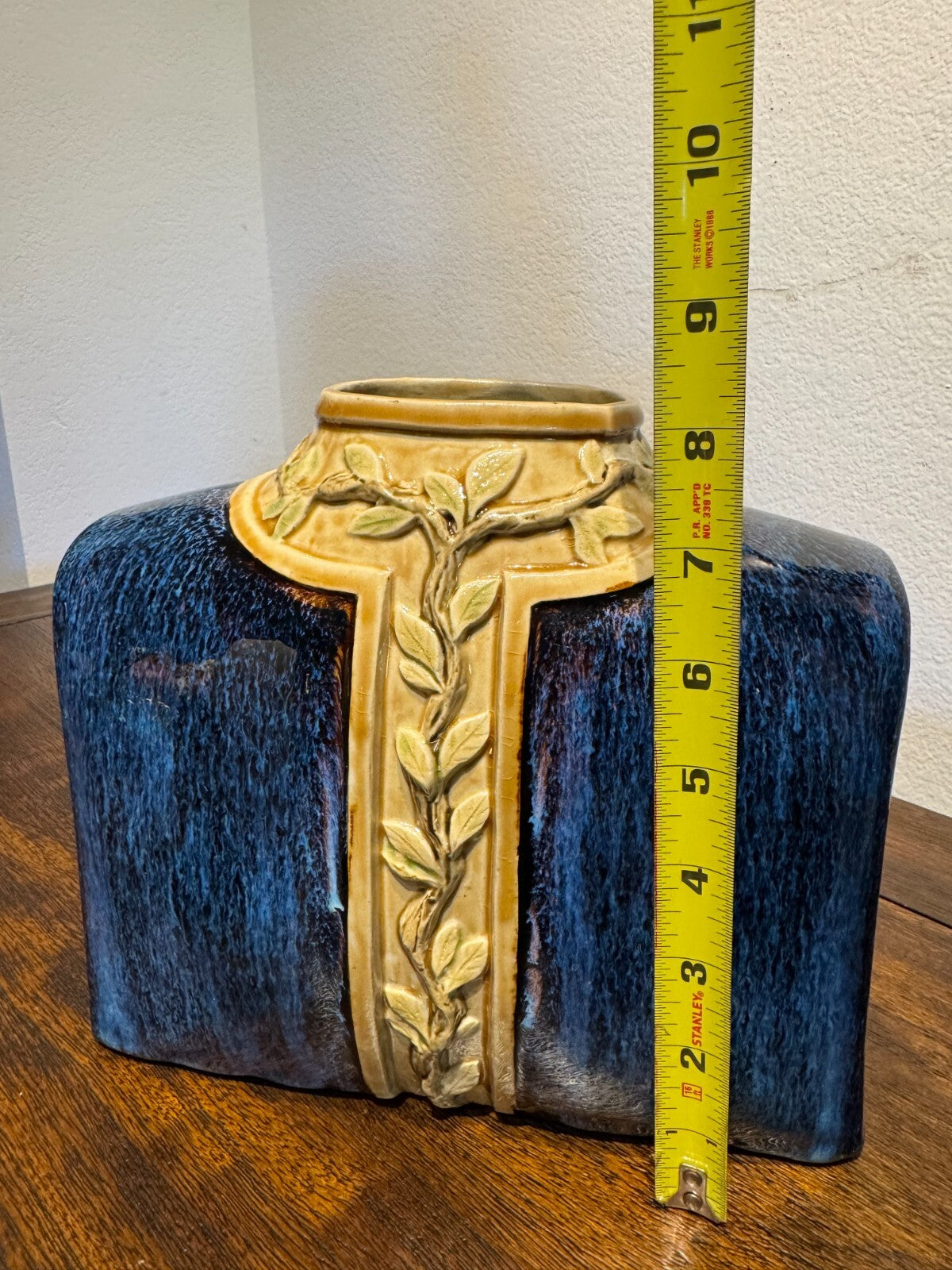 Pair of Handcrafted Blue Ceramic Vases with Embossed Leaf Design . Tall 12, 8in