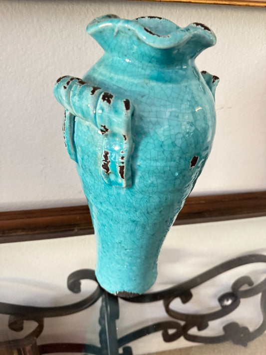 Vintage Heavy Metal Vase – Distressed Turquoise Crackle Glaze, 13” Tall