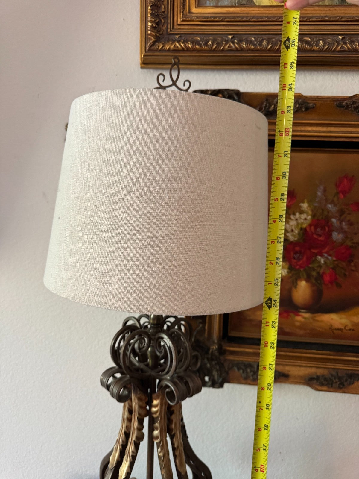 Vintage Metal Stiffel Candelabra Lamp With Ornate Leaf Detailing & Fabric Shade