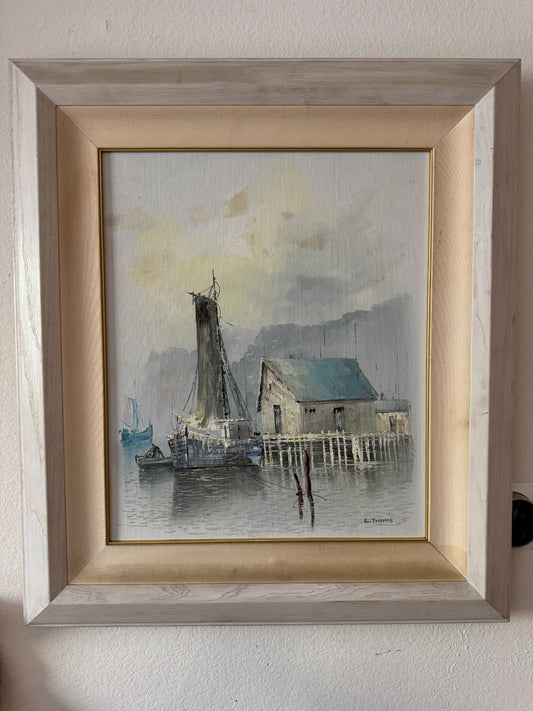 Vintage Harbor Scene Oil Painting by L. Thomas – Framed Nautical Wall Art 32x30