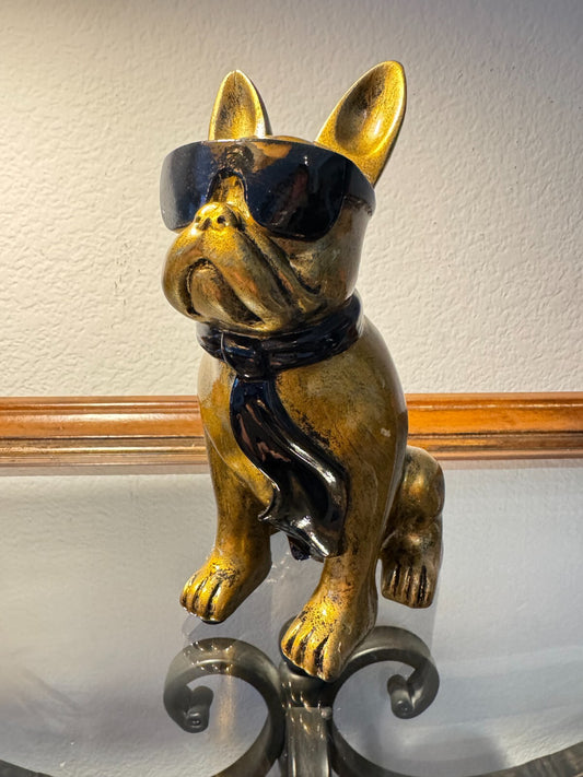 Gold Resin French Bulldog Figurine with Sunglasses & Scarf – Cool Modern Decor.