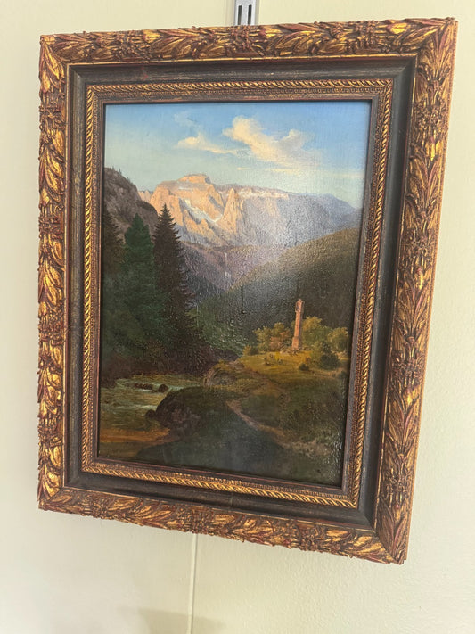 Antique Framed Oil Painting Mountain Landscape with Ruins – Signed, 19th Century