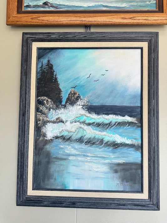 Original Coastal Seascape Painting by M. Oliver – Ocean Waves , Oil Canvas