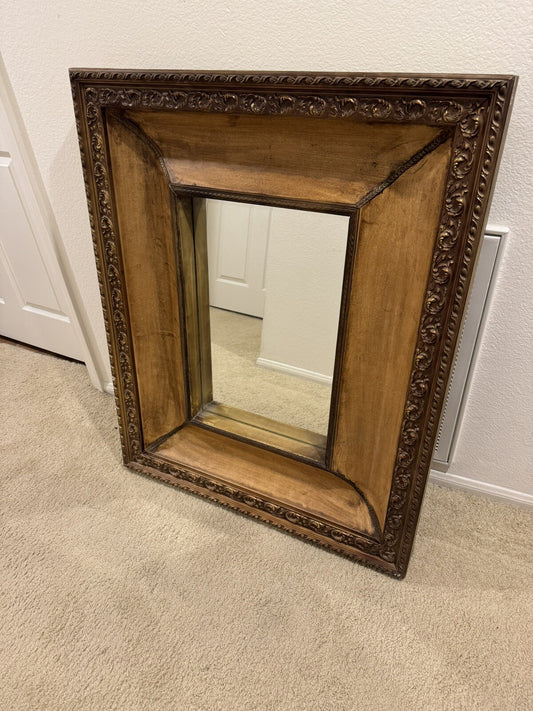 Antique Large Mirror Unique Handmade Wood And Leather Frame 43/34”