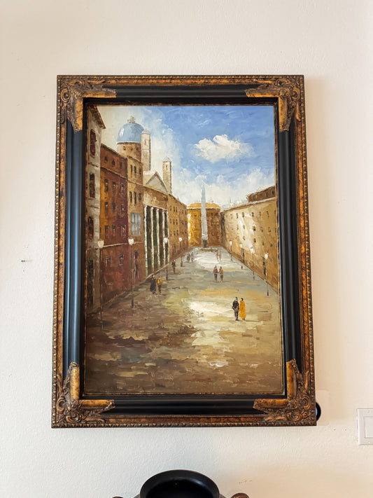 Large Framed Oil Painting of European City Street Scene – 42”x31” Include Frame,