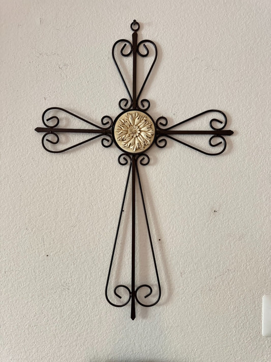Large Metal Wall Cross with Center Floral Medallion – Scroll Design 27”x19”