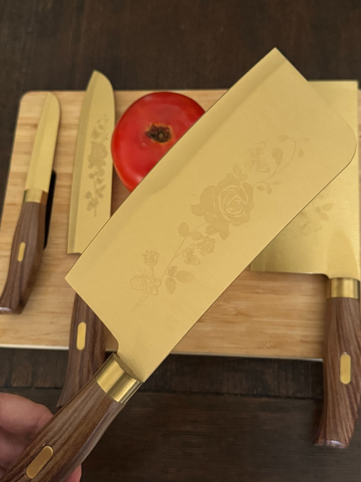 Elegant 4Piece Gold Knife Set with Floral Engraving Wooden Handles Chef, Santoku