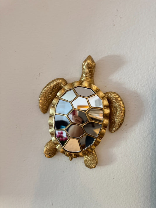 Gold Resin Sculpture Turtle Wall Mirror – 12” Decorative Hanging Sea Turtle