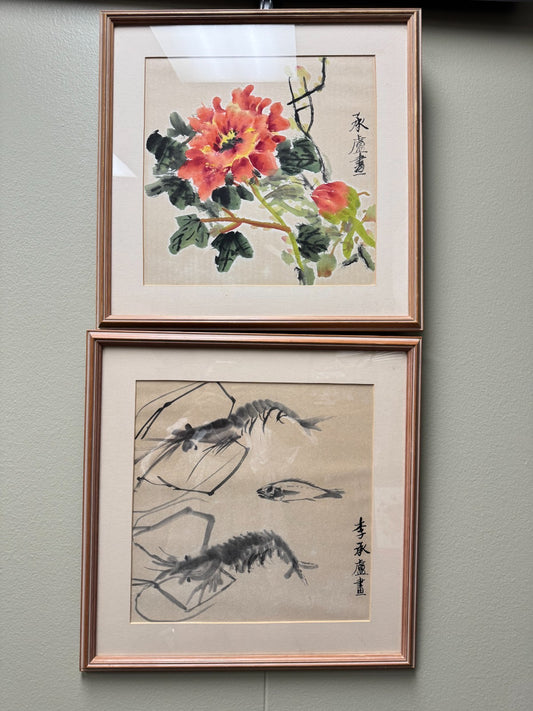 Set of 2 Rear Vintage Original Chinese Guohua Painting Signed Li Chengguang 李承廣