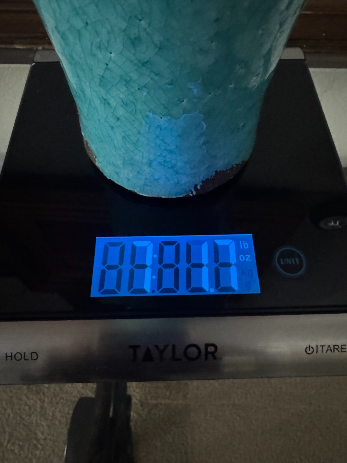 Vintage Heavy Metal Vase – Distressed Turquoise Crackle Glaze, 13” Tall