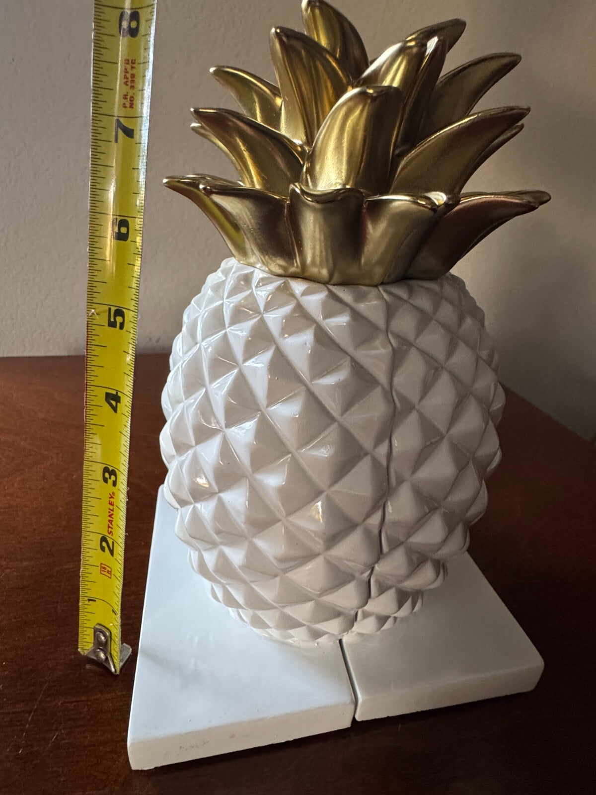 Pineapple Bookends - White Ceramic with Gold Accents, 7 Inches Tall”