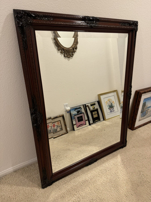 Vintage Large Mirror Dark Brown Wood Handmade Frame 37” X 47”