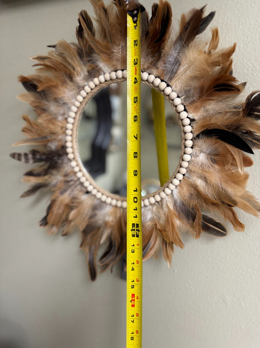 Boho Feather Sunburst Wall Mirror with Wood Beads – 15” Brand New