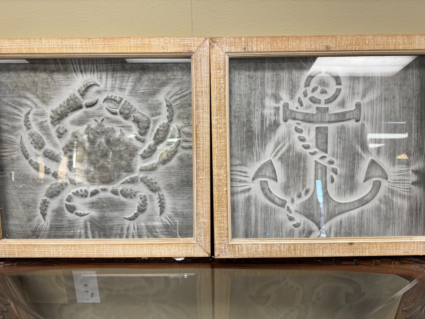 Set of 2 Coastal Metal Wall Art – Crab & Anchor Embossed Designs 19x19