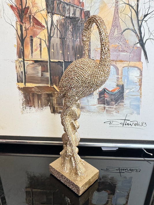 Sparkling Gold Resin Flamingo Figurine – 8” Tall Decorative Bird Statue, Brand