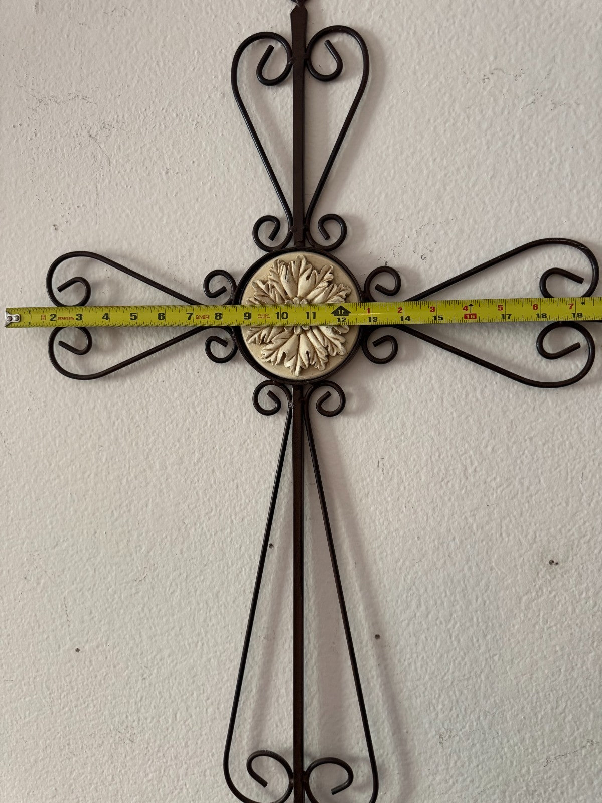 Large Metal Wall Cross with Center Floral Medallion – Scroll Design 27”x19”