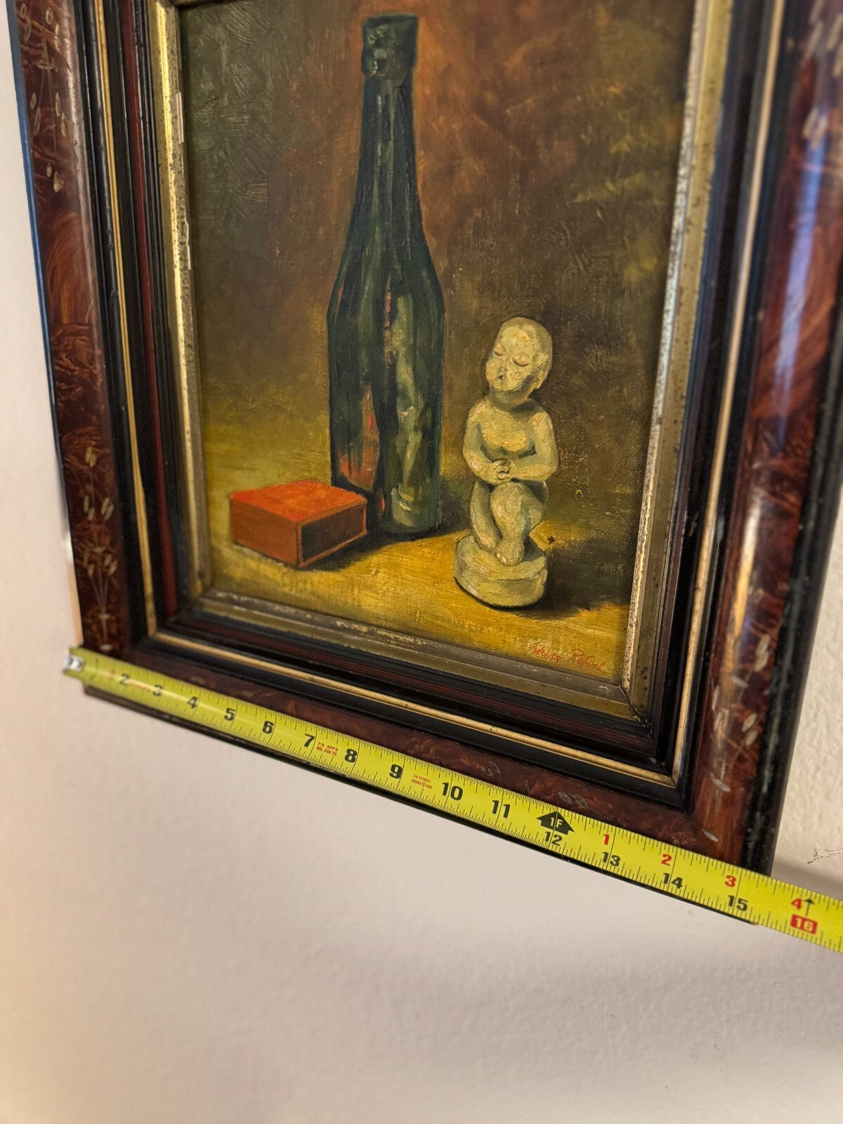Rear Vintage Still Life Oil Painting Signed – Bottle Matchbox Cherub Statue 1960